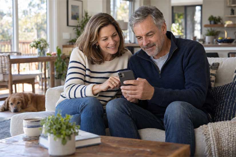 A couple sharing a moment on their iPhone at home